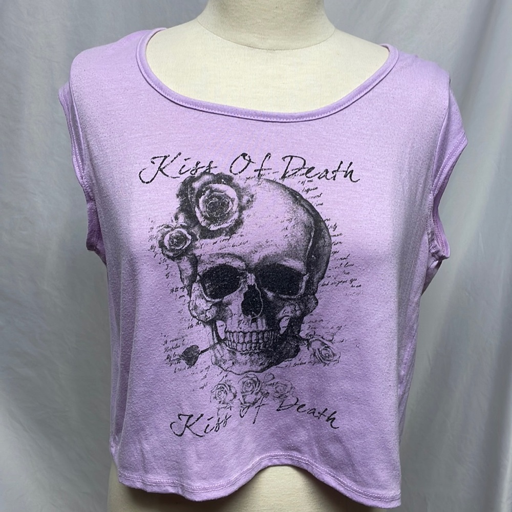 Retro Doll Purple Crop Top Kiss of Death Skull Roses Size XL Juniors